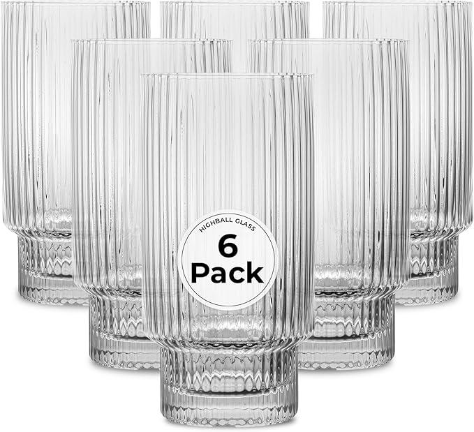 Restaurantware-Vetri 10 Ounce Highball Glasses, 6 Ribbed Drinking Glasses - No-Lead, Dishwashable, Clear Glass Tumblers For Scotch, For Drinking Liquor, Cocktail, Bourbon, Cognac, And More