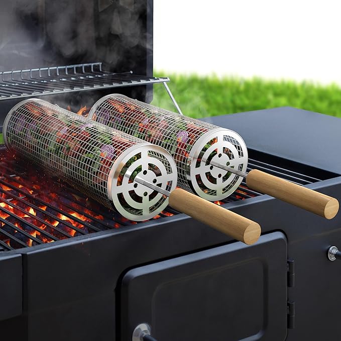 Sorbus Grill Basket - Stainless Steel Large Folding Barbecue Grilling Basket with Handle, Portable BBQ Accessories for Fish, Shrimp, Vegetables, Grilling Accessories, Gifts for Outdoor Cooking Camping (Round 2 Pack)