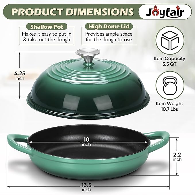 Bread Oven for Sourdough (5.5 QT), Joyfair Enamaled Cast Iron Bread Dutch Oven with Lid, Sourdough Bread Baking Pan, Heavy Duty Dual Handles, Non-Stick & Even Cooking, Oven-safe 500°F, Olive Green