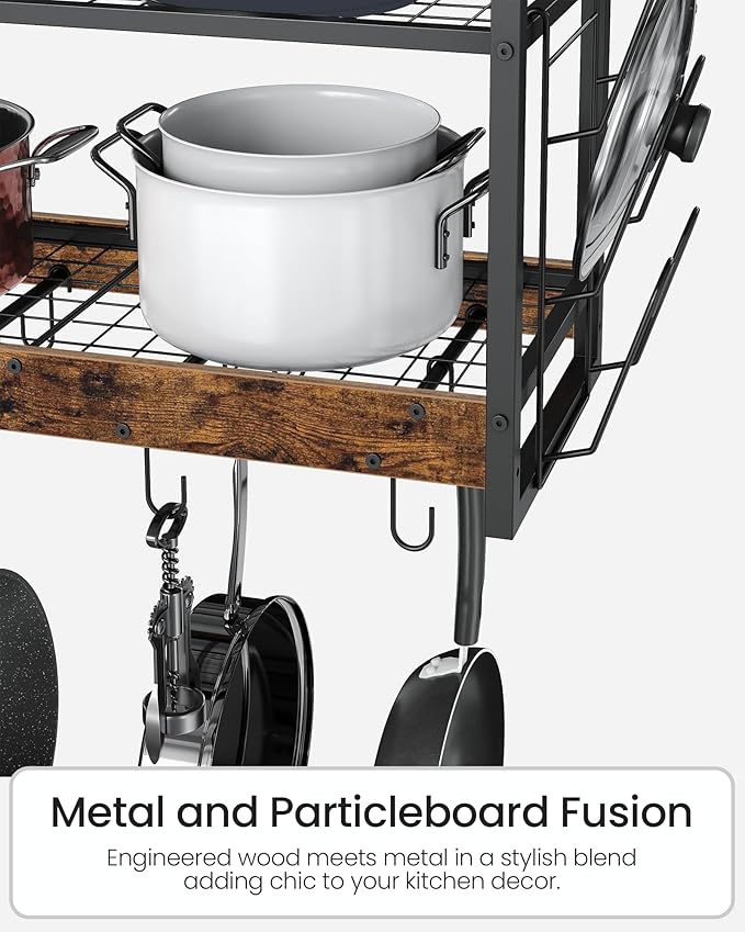 Hanging Pot Rack, Pot Rack Wall Mounted, 2-Tier Kitchen Pot and Lid Organizer, Wall-Mounted Pot Rack with 12 Hooks, for Kitchen Storage of Pots, Pans, Utensils, Rustic Brown TPR02BF