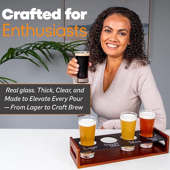 Beer Flight Glasses Set of 4 – Small 7 OZ – Beer Tasting Glasses for Craft Flights & Drink Sampler Trays – Durable Mini Pub Cups for Tastings