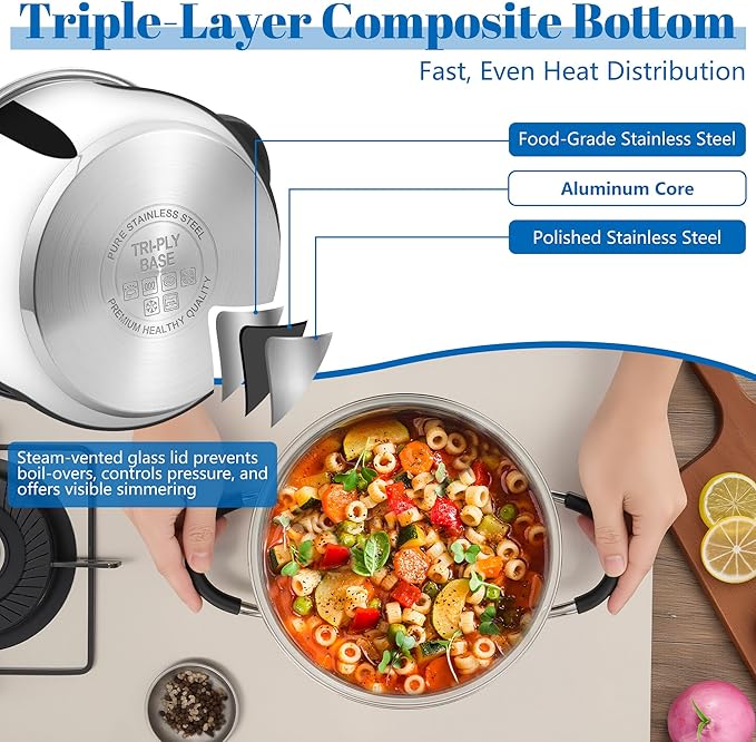 E-far 5Qt Stainless Steel Pot, Stock Pot with Glass Lid for Cooking Pasta Soup Sauce, Tri-Ply Induction Thick Base & Cool-Touch Handles, All Stoves & Dishwasher Safe