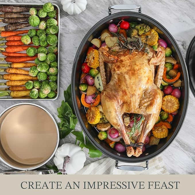 KITESSENSU Extra Large Roasting Pan with Lid - Nonstick Turkey Roaster Pan with Rack 18.5 x 14.5 Inch - Heavy Duty Covered Roasting Pot - All Ovens Fit & Dishwasher Safe, Gray