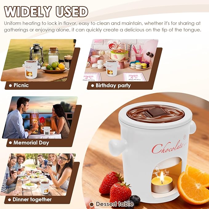 Chocolate Fondue Mug with Fork, 280ml Ceramic Chocolate Fondue Cup Set, Chocolate Melting Mug, Great for Cheese, Butter - Date Nights, Birthdays, Anniversary, Weddings (White)