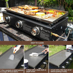 KingChii 28" Tabletop 3-Burner Griddle Portable Gas Grill with Rear Grease Trap, Powder Coated Steel, Black
