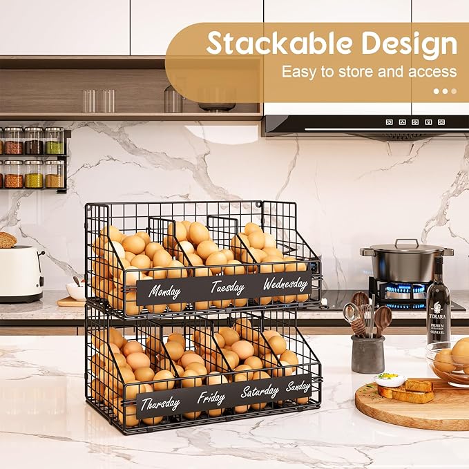keomaisyto Fresh Egg Holder with 5 Dividers to Separate Eggs for a Week, 2 Tier Stackable Wire Baskets for Gathering Eggs, XXL Egg Rack for Countertop/Wall-Mounted, With DIY Labels (Patent Pending)