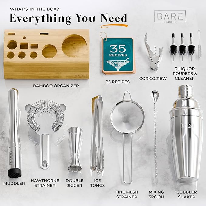 BARE BARREL® Mixology Bartender Kit Bar Set | 14-Piece Cocktail Shaker Set | Martini Barware Mixing Tools for Home Bartending | Incl. 35 Recipe Cards | Gift Set (24oz Cobbler Shaker, Silver/Natural)