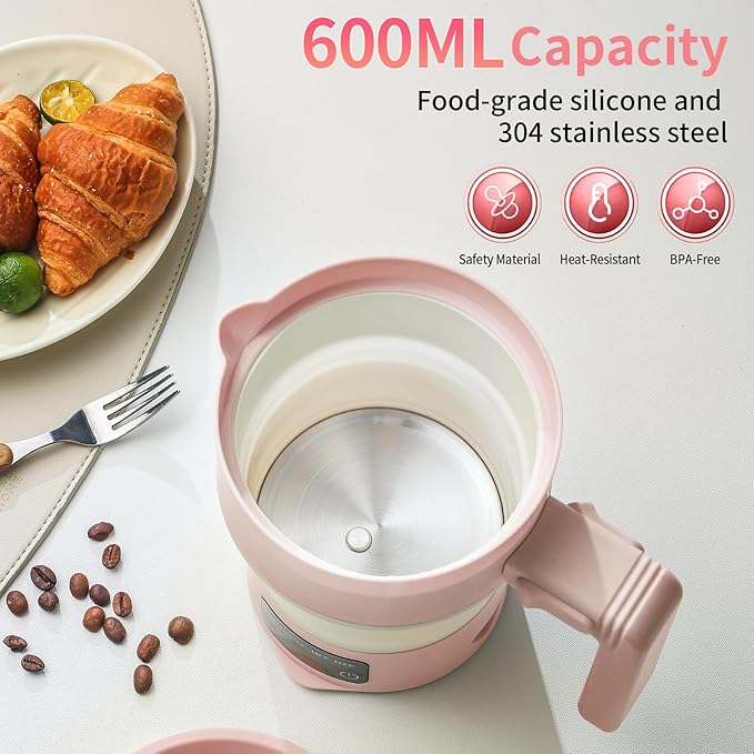 Travel Electric Kettle-Collapsible Portable Electric Kettle, 600W Foldable Small Water Boiler with 4-Temp Presets, Food Grade Silicone for Hotel, Office, Camping (Pink, 600mL)