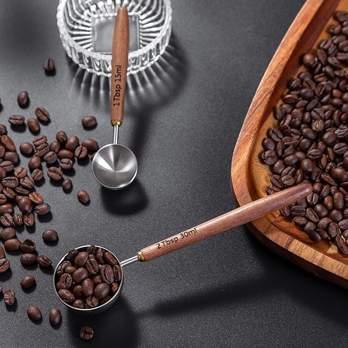 Wooden Scoops for Tea 2PCS Long Handle Coffee Scoop for Sugar (15ml 1 Tbsp + 30ml 2 Tbsp) Wood and Stainless Steel Measuring Scoop for Coffee, Wood Scoops for Seasoning Small Scoop Multipurpose