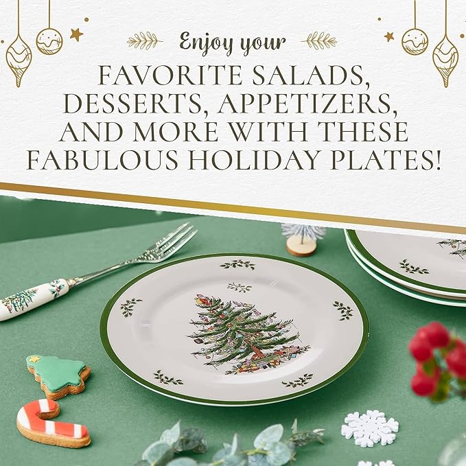 Spode Christmas Tree Melamine Salad Plate (Set of 4) - 8 Inch Shatterproof Serving Plate for Holiday Meals, Holiday Party - Festive Tableware for Indoor & Outdoor Use, Dishwasher Safe Dinnerware