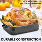 Roasting Pan with Rack, 21” Rectangular Granite Roaster Pan, 25lb Capacity, Large Roaster Pot for Baking Turkey with Versatile Lid