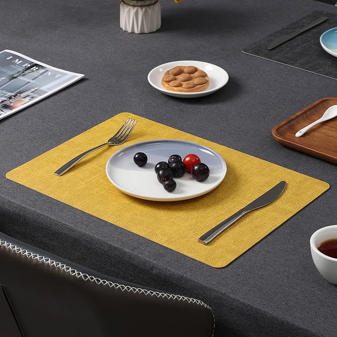 Myir JUN Dual Sided Placemats, Faux Leather Set of 6 Indoor/Outdoor Square Non-Slip Washable Table Mats (Gray Yellow)