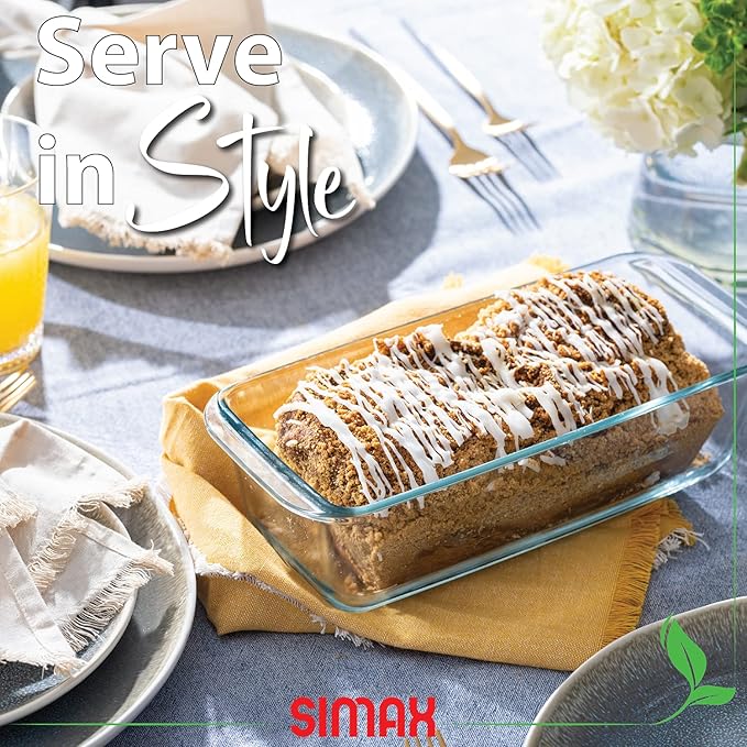 SIMAX Glassware Classic 1.5 Quart Loaf Dish, Glass Loaf Pan, Heat, Cold and Shock-Proof Borosilicate Glass, Made in Europe, Dishwasher Safe, 11” x 4.8” x 3”