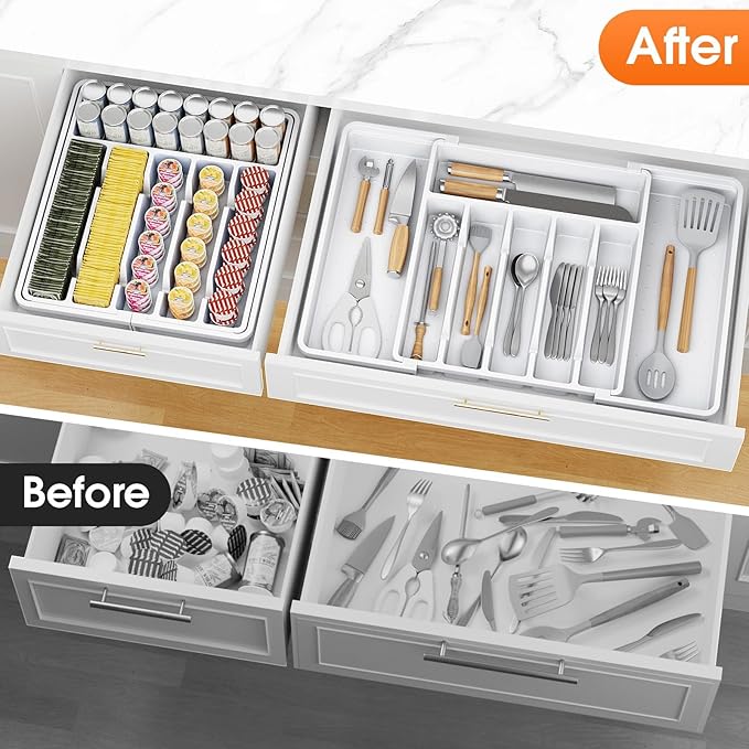 Silverware Organizer，Adjustable & Expandable Utensil Drawer Organizer, BPA Free Utensil Holder, Cutlery Tray for Forks, Spoons, Knives in Kitchen, Large, White