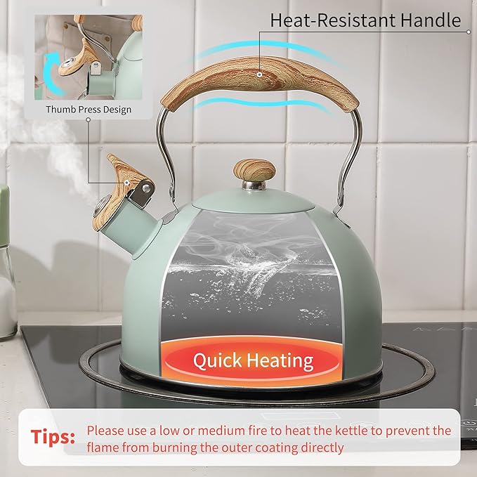 LONFFERY Tea Kettle for Stove Top, 2.5 Quart Whistling Tea Kettle, with Food Grade Stainless Steel and Wood Pattern Folding Handle, Turquoise