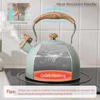 LONFFERY Tea Kettle for Stove Top, 2.5 Quart Whistling Tea Kettle, with Food Grade Stainless Steel and Wood Pattern Folding Handle, Turquoise