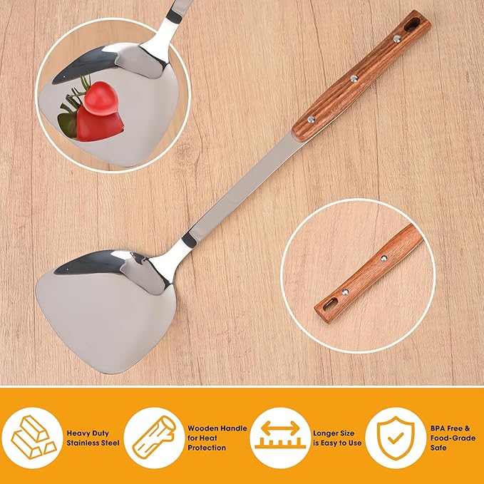 FJNATINH Wok Utensils Tools - 6 PCS Stainless Steel Kitchen Cooking Utensils Set, Include Wok Spatula, Soup Ladle, Skimmer, Spaghetti Server, Slotted Turner and Solid Spoon, Heat Resistant