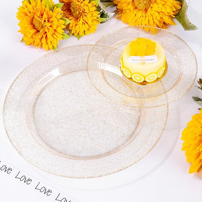WDF 200PCS Gold Plastic Plates - Gold Glitter Plastic Plates - Heavy Duty Gold Glitter Disposable Plates - Include 100 Dinner Plates 10" and 100 Dessert Plate 7" for Parties/Wedding