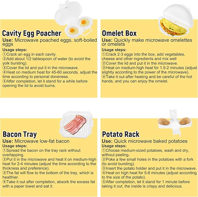 (4pcs) Easy Breakfast Set, Microwave Egg Cooker/Poacher, Microwave Omelet Maker, Microwavable Bacon Grill/Rack/Cooker Tray/Dish, Baked Potato Cooker, Easy To Use and Non-Stick Egg Cookwarez