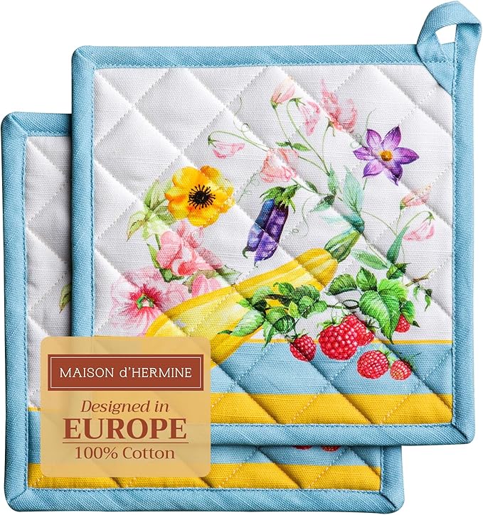 Maison d' Hermine Pot Holders Set 100% Cotton Heat Resistant Potholders 8" x 8" Hot Pads with Loop BBQ, Cooking, Baking, Grilling, Kitchen, Handling Hot Pans Spring/Summer (Pack of 2, Giverny)