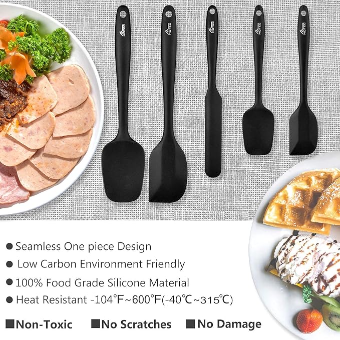 HOTEC 600℉ Heat Resistant BPA-Free Silicone Rubber Spatula Set,Kitchen Cooking Spatulas, Baking, Mixing for Non Stick Cookware, Dishwasher Safe, Black Set of 5