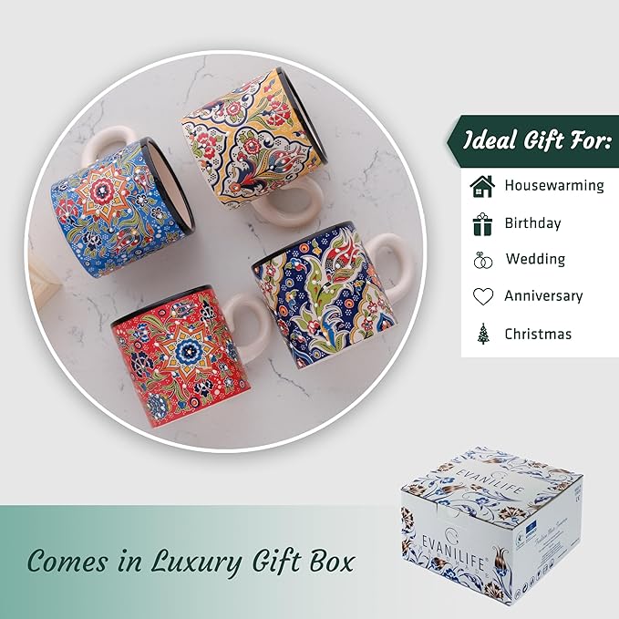 Ceramic Espresso Cups, 5 Oz Espresso Cups Set of 4, Handmade Espresso Cup, 2.75 Inch Espresso Mugs, Multicolor Demitasse Cups, Microwave & Dishwasher Safe Espresso Mugs, Coffe Mug Set (FLOWER BLOOM)