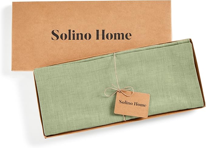 Solino Home Linen Table Runner 120 Inches Long - Athena, 100% Pure Linen Chambray Olive Table Runner 14 x 120 Inch for Dining, Summer, Fall, Autumn