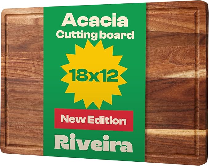 Riveira Acacia Wood Cutting Board - Gourmet Grandeur: 18 x 12 Wooden Board for Kitchen - Natural Decorative Chopping Board With Innovative Juice Grooves