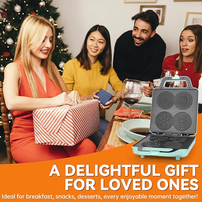 Baker’s Friend Pizzelle Maker Electric, 4 X 3.5” Pizzelle Waffle Cookies for Christmas Baking Supplies, Stroopwafel Iron, Cookie Maker Machine with Pattern, Thin Waffle Maker, Aqua