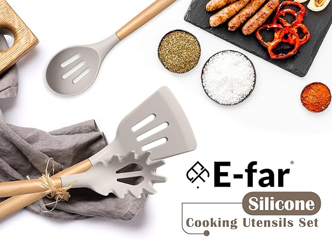 E-far Silicone Kitchen Utensils Set with Holder, 25-Piece Cooking Utensil Set with Wooden Handle for Nonstick Cookware, 446°F Heat Resistant Kitchen Tool Spatula Tong Whisk, Non-toxic & Healthy, Khaki