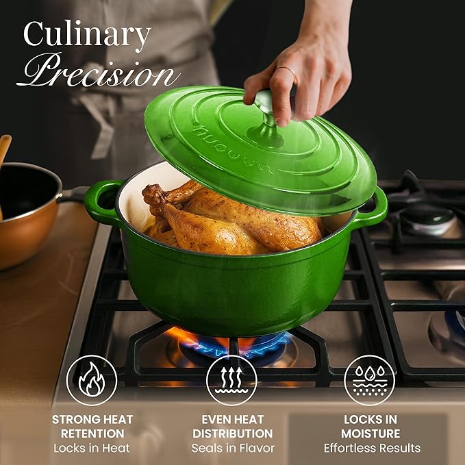 Nuovva Enamelled Cast Iron Dutch Oven Pot with Lid – 6.4 Quart Non Stick Casserole Pot – Heavy Duty & Oven Safe up to 500° F for Bread Baking, Braising, Stews, Roasting – 28cm Green