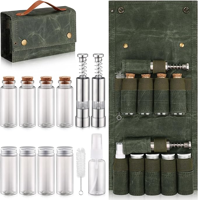 TOBWOLF Portable Spice Bag for Travel, Camping Spice Kit with 8 Jars, 2 Salt/Pepper Grinders, 1 Oil Spray, Foldable Canvas Seasoning Storage Bag, Condiment Container Set for Outdoor Picnic BBQ - Green