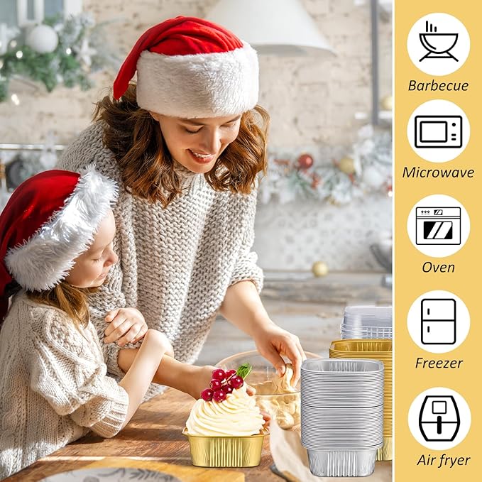 Aoriher 150 Pieces 10 oz Mini Cake Pans with Lids Aluminum Foil Baking Cups Square Disposable 4 x 4 Large Cupcake Cups Baking Tins for Kitchen Brownie Pudding Desserts Holders(All Golden,All Silver)