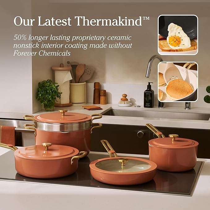 Our Place 11-Piece Essentials Complete Cookware Set - Ceramic Fry Pan, Saucepan, Sauté Pan, Stock Pot, Strainer Basket & Rack Storage | Thermakind™ Nonstick, Oven Safe up to 450°F | Terracotta