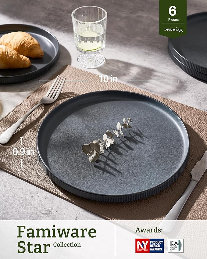 famiware Star Dinner Plates for 6, 10 inches Plate Set, Scratch Resistant, Stoneware Dinnerware, Kitchen Modern Rustic Serving Dishes, Matte Dark Charcoal (Full Glaze)