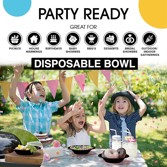Party Solids 12 Oz Black Plastic Bowls Disposable Bowls for Hot Food Soup 50 Pcs - For Soup, Salad, Cereal, Desserts & Party Supplies