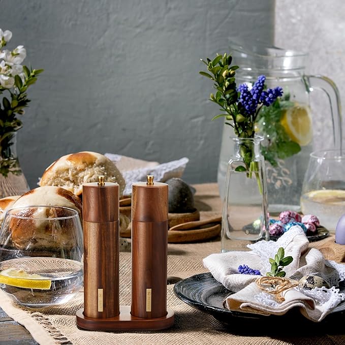 Wooden Salt and Pepper Grinder Set 8 Inch Manual Salt and Pepper Mill with Tray Adjustable Coarseness Refillable Wood Grinders with Gold Bottle Label for Kitchen(Wood Color)