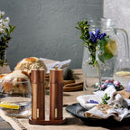 Wooden Salt and Pepper Grinder Set 8 Inch Manual Salt and Pepper Mill with Tray Adjustable Coarseness Refillable Wood Grinders with Gold Bottle Label for Kitchen(Wood Color)