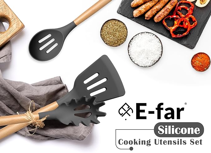 E-far Gray Cooking Utensils Set with Holder, 25-Piece Silicone Kitchen Utensil Set with Wooden Handle for Nonstick Cookware, 446°F Heat Resistant Kitchen Tool Spatula Tongs Whisk, Non-toxic & Healthy