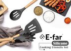 E-far Gray Cooking Utensils Set with Holder, 25-Piece Silicone Kitchen Utensil Set with Wooden Handle for Nonstick Cookware, 446°F Heat Resistant Kitchen Tool Spatula Tongs Whisk, Non-toxic & Healthy