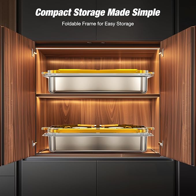 Gold Chafing Dishes for Buffet (9QT, 4 Pack) - Easy Assembly, Food-Grade Stainless Steel Chafers for Catering w/Rolled Edge Design, Foldable Frame, for Party, Banquet (Full Size Food Pan)