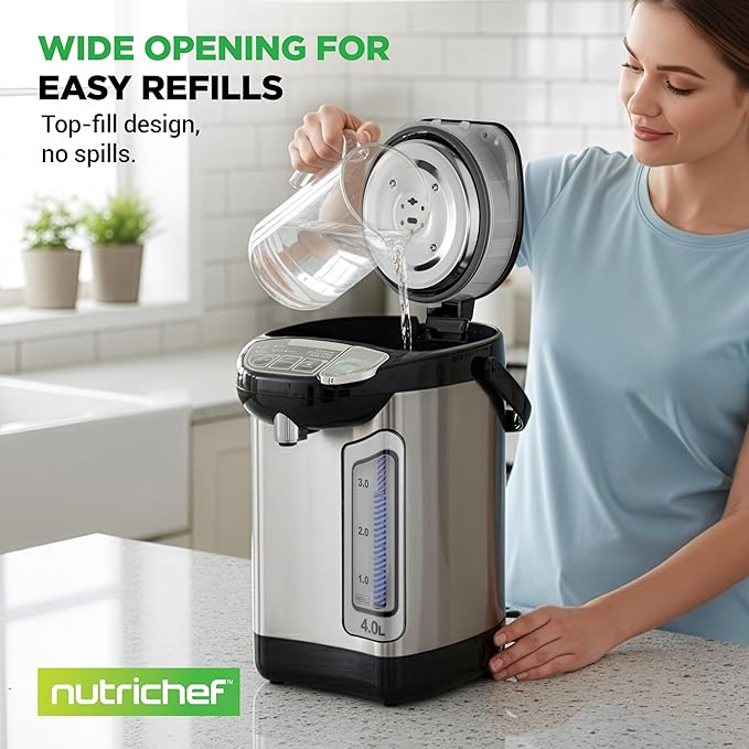 NutriChef Electric Water Boiler and Warmer - 4L/4.2Qt Stainless Steel Electric Hot Water Dispenser w/Rotating Base, Auto Shut Off, Safety Lock, Instant Heating for Coffee & Tea (NCHUB24)