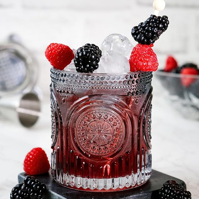 Kate Aspen Ribbed Retro Arch Floral Smoke Grey Drinking Glasses Set of 6, (10 oz) Vintage Glassware Set Cocktail Glass Set, Juice Glass, Water Cups | Hostess Gift & Present for New Home Owners