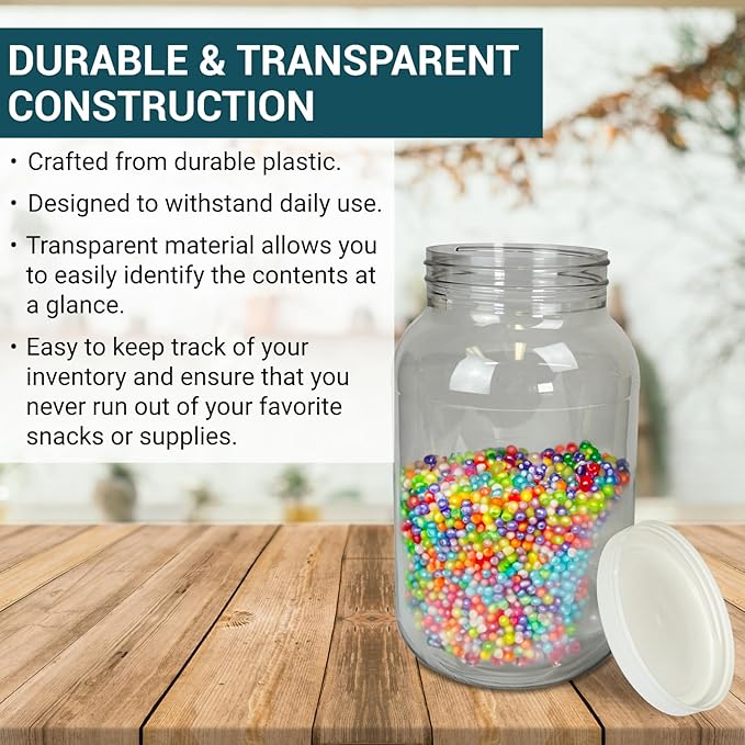 (Pack of 4) 1 Gallon Clear Plastic Jars with Lids, Wide Mouth, Food-Safe, Multi-Purpose Clear Plastic Jars for Money Tips, Fish Tank, Food Storage for Kitchen & Pantry Essentials by Billy Buckskin Co.