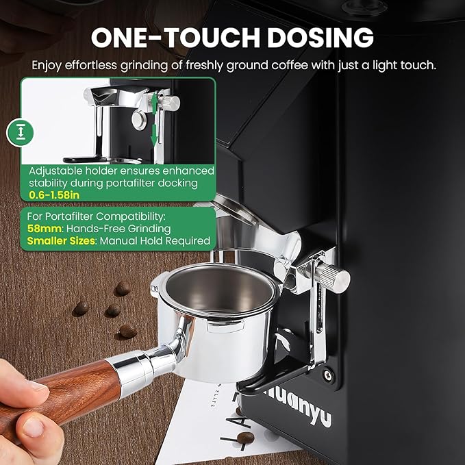 Huanyu Commercial Coffee Grinder - Touchscreen Control, 8 Grind Settings, 64mm Flat Burr, Dual Dosing Modes for Coffee Shops