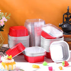 Aoriher 150 Pieces 10 oz Mini Cake Pans with Lids Aluminum Foil Baking Cups Square Disposable 4" x 4" Large Cupcake Cups Baking Tins for Kitchen Brownie Pudding Desserts Holders(Red)