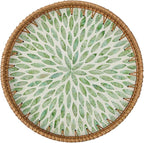 Round Rattan Tray for Home Decor 11.8 inch, Modern and Boho Decor Serving Tray with Mother of Pearl Inlay, Wicker Basket for Coffee Table, Hand Woven Decorative Tray Plates (Green)