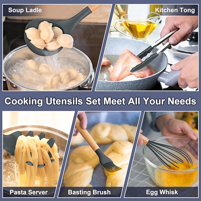 P&P CHEF Silicone Cooking Utensils Set, 12PCS Kitchen Utensils Set with Wooden Handle for Nonstick Cookware, Ladle, Spoon, Spatula, Tong, Heat-resistant & Non-scratch, Non Smell & Healthy, Gray