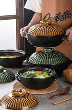 Japanese Donabe Ceramic Hot Pot Retro Heat Resistant Shallow Dutch Oven,Non-Stick Cookware Pot with Lid and Dual Handle for Cooking,Soup, Rice, Stew, Casserole, Noodle,Vintage Copper,9in