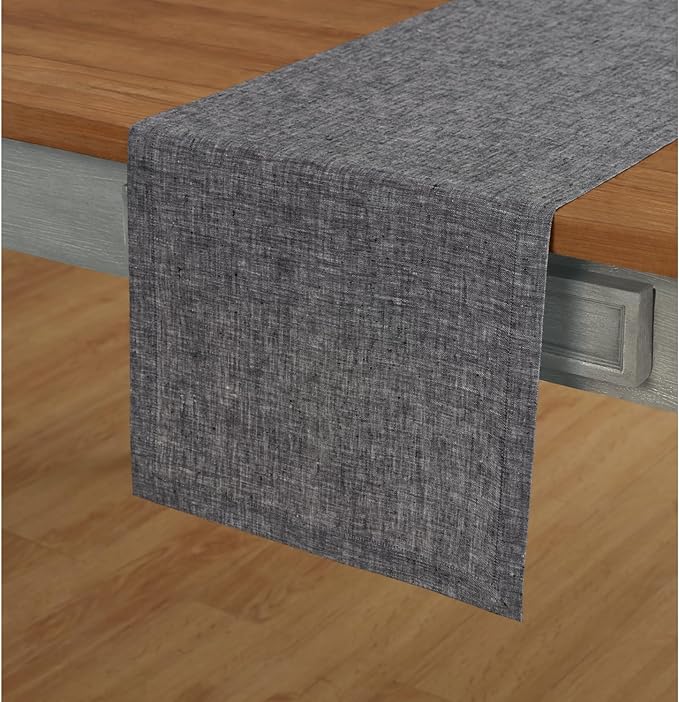 Solino Home Linen Chambray Black Table Runner 120 Inches Long - Athena, 100% Pure Linen 14 x 120 Inch Table Runner for Summer, Halloween